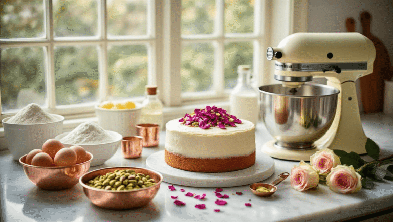Elegant kitchen scene featuring a wedding cake preparation with cardamom and rose ingredients, including crystalline sugar, farm-fresh eggs, and dried rose petals, captured in soft natural sunlight on a marble countertop with pastel tones and high-end styling.