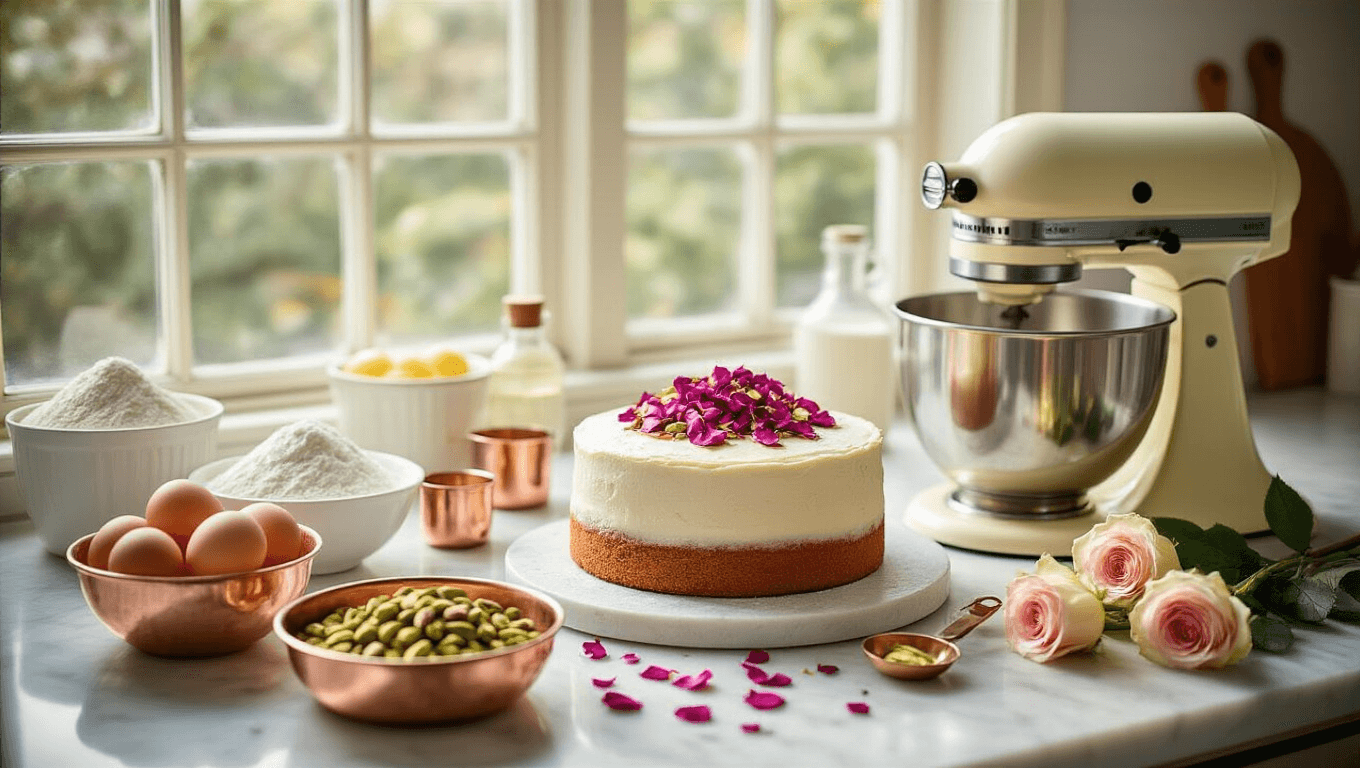 Elegant kitchen scene featuring a wedding cake preparation with cardamom and rose ingredients, including crystalline sugar, farm-fresh eggs, and dried rose petals, captured in soft natural sunlight on a marble countertop with pastel tones and high-end styling.
