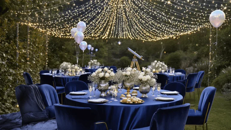 A beautifully arranged outdoor garden party at dusk, featuring round tables with midnight blue silk cloths, silver vases of white roses, twinkling fairy lights overhead, velvet lounge chairs, and a brass telescope for stargazing, all bathed in a dreamy, soft light.