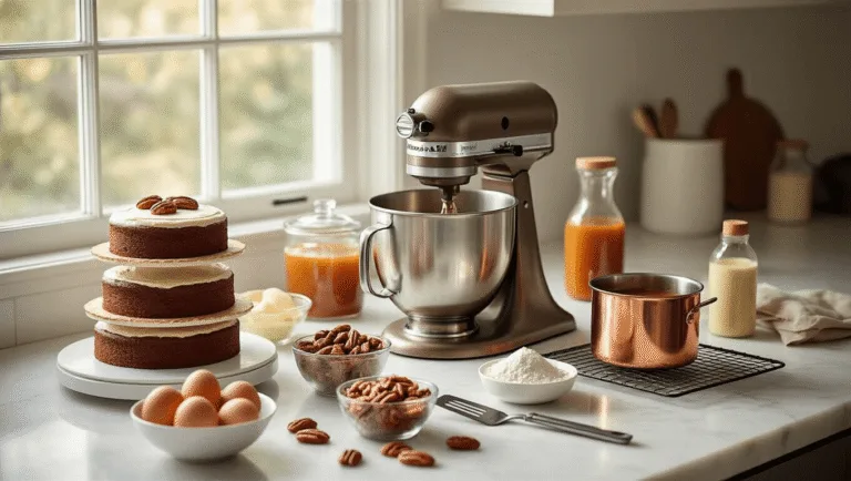 Photorealistic baking scene on a white marble countertop featuring a metallic KitchenAid stand mixer, arranged ingredients including cake pans, eggs, cocoa powder, flour, toasted pecans, caramel sauce, and vanilla extract, bathed in soft natural light with warm and sophisticated mood, shallow depth of field focusing on central workspace.