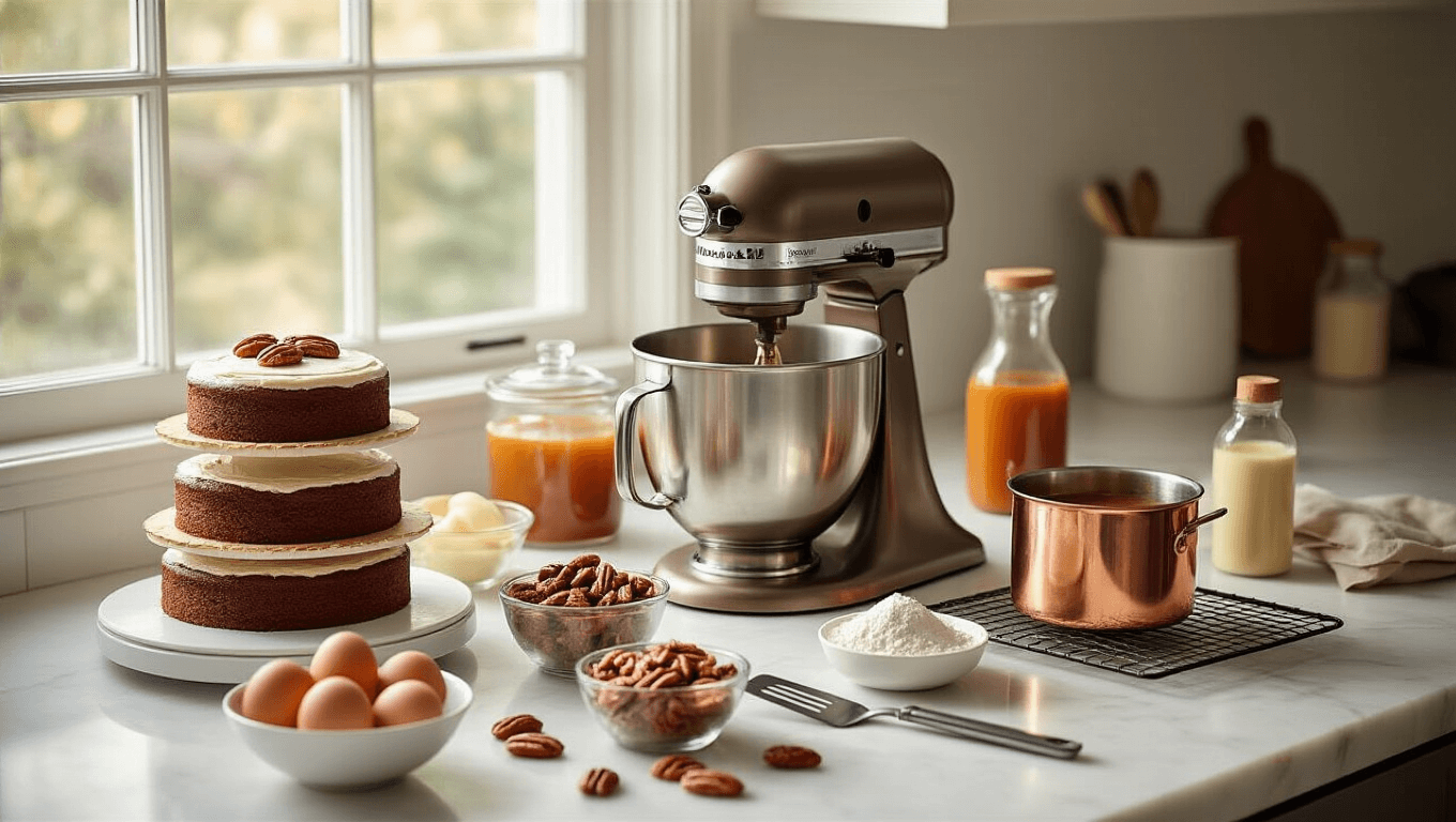 Photorealistic baking scene on a white marble countertop featuring a metallic KitchenAid stand mixer, arranged ingredients including cake pans, eggs, cocoa powder, flour, toasted pecans, caramel sauce, and vanilla extract, bathed in soft natural light with warm and sophisticated mood, shallow depth of field focusing on central workspace.
