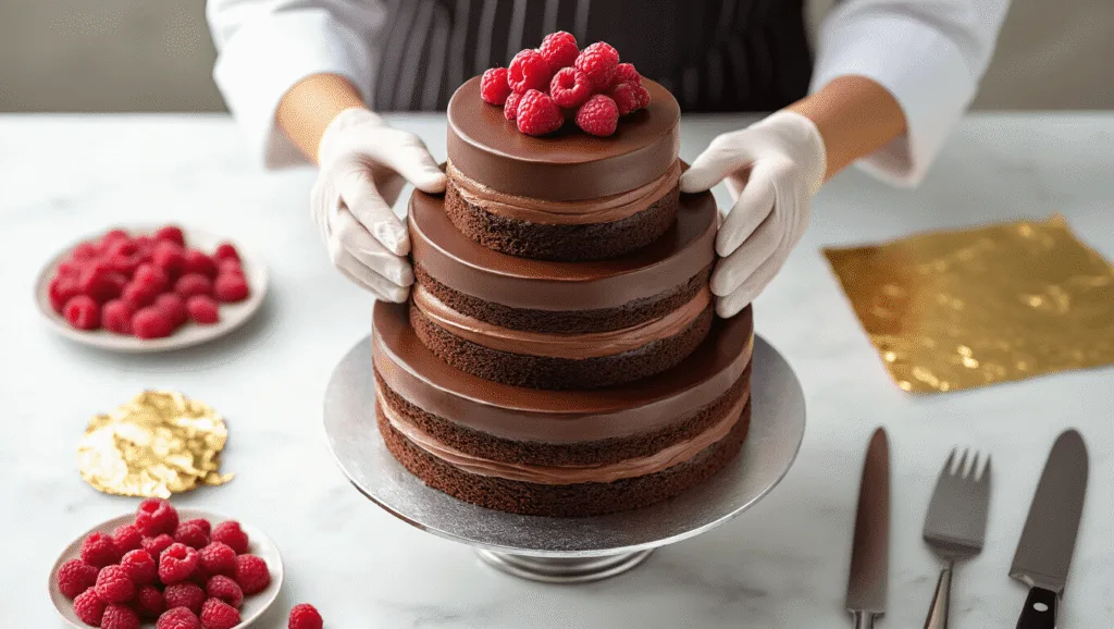 Cinematic overhead shot of an elegant three-tiered chocolate wedding cake being assembled on a silver pedestal, with pastry chef's hands placing the top tier, surrounded by fresh raspberries, chocolate shavings, and gold leaf, on a marble countertop in a professional kitchen.