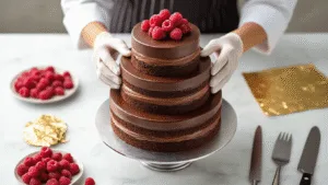 Cinematic overhead shot of an elegant three-tiered chocolate wedding cake being assembled on a silver pedestal, with pastry chef's hands placing the top tier, surrounded by fresh raspberries, chocolate shavings, and gold leaf, on a marble countertop in a professional kitchen.