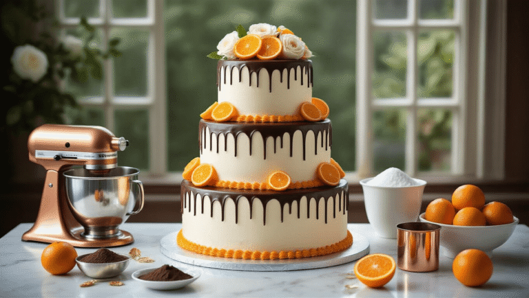 Photorealistic three-tiered chocolate orange wedding cake displayed on a silver pedestal, featuring dark chocolate ganache drips, orange-infused buttercream, candied orange slices, and fresh white garden roses, surrounded by baking ingredients on a white marble counter.