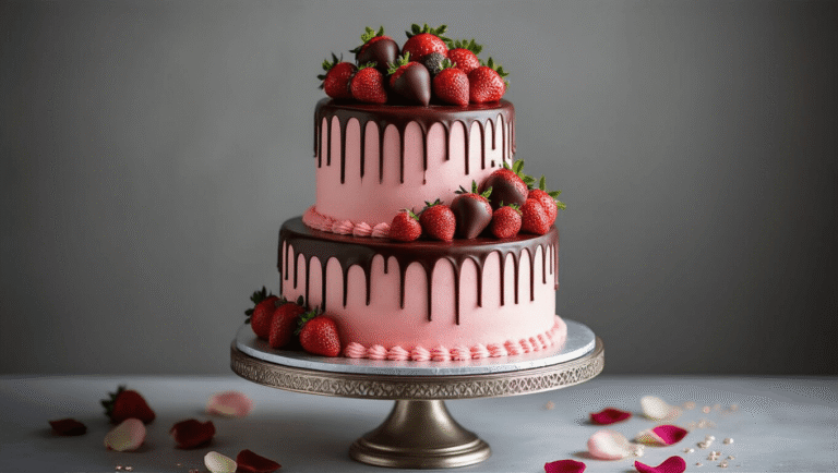 A stunning three-tiered chocolate wedding cake with pink strawberry buttercream, adorned with chocolate-dipped strawberries and rose gold leaf accents, displayed on an ornate silver stand against a grey backdrop.