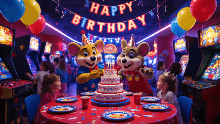 Photorealistic indoor scene of a Chuck E. Cheese birthday party featuring a festive table with red and blue decorations, character-branded plates, and a towering cake, with excited children playing games, Chuck E. Cheese mascot interacting with the birthday child, colorful LED-lit arcade machines, helium balloons, and a "Happy Birthday" banner, all under dynamic neon lighting.