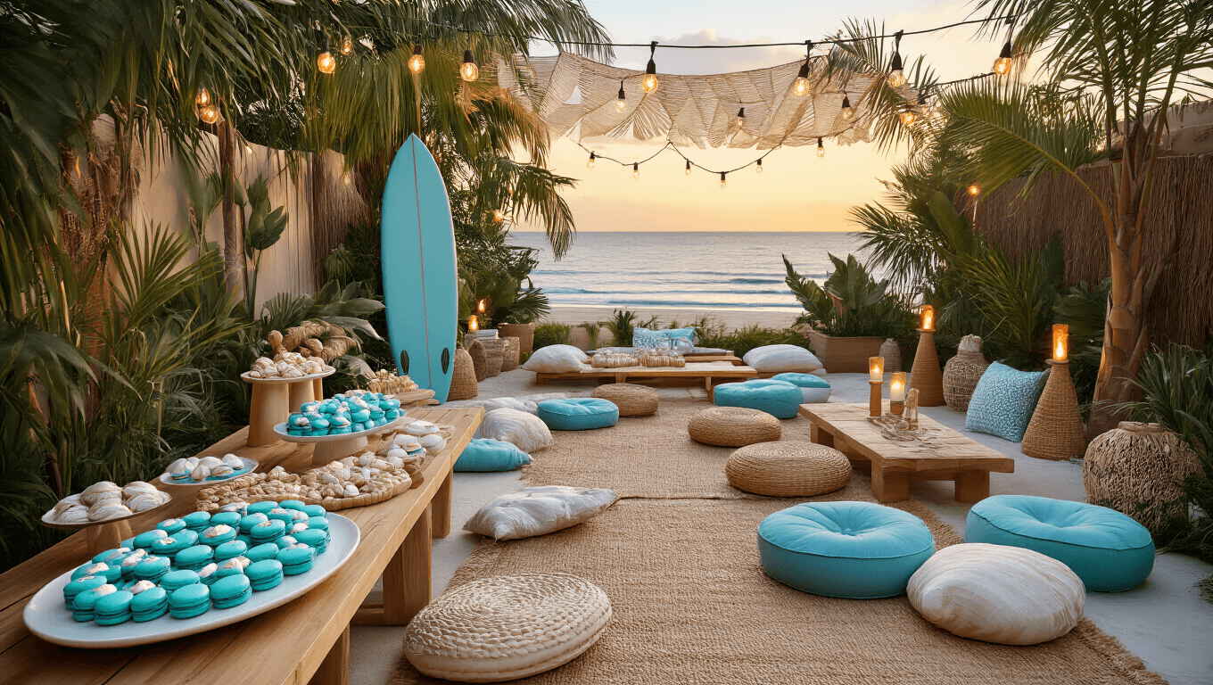 A beautifully styled backyard party themed around surfing, featuring a dessert table with blue macarons and seashell cookies, low wooden tables with floor cushions, string lights, and tropical decorations, all captured in warm golden hour lighting.