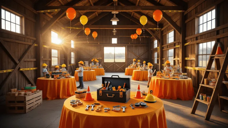 A brightly lit rustic barn interior transformed for a construction-themed party, featuring orange and yellow decor, round tables with toy tool centerpieces, and children engaging in activities, all bathed in warm golden hour light.