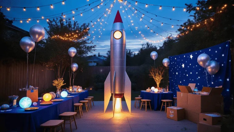 A magical backyard birthday party at dusk, featuring a towering silver rocket centerpiece, glowing planet-themed tablescapes, twinkling fairy lights overhead, and a DIY rocket building station, all captured in a cinematic wide-angle shot with atmospheric lighting.