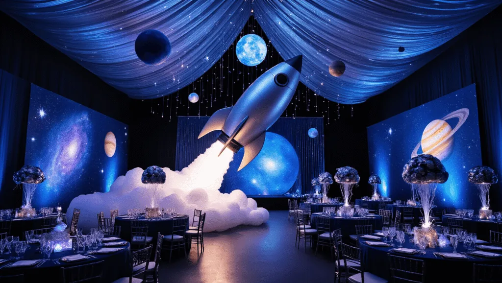 A wide-angle shot of a space-themed birthday party in a dimly lit ballroom featuring a silver inflatable rocket, glowing centerpieces, and a galaxy backdrop, with colorful lighting and interactive astronaut stations.