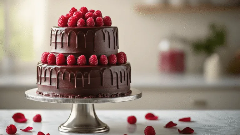 An elegant three-tiered dark chocolate wedding cake with fresh raspberries and white chocolate shavings on a silver pedestal, set against a softly blurred background, featuring rich ganache, a vibrant raspberry filling, and delicate details in a professional bakery setting.