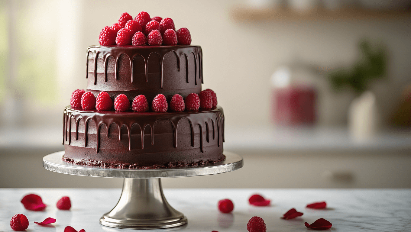 An elegant three-tiered dark chocolate wedding cake with fresh raspberries and white chocolate shavings on a silver pedestal, set against a softly blurred background, featuring rich ganache, a vibrant raspberry filling, and delicate details in a professional bakery setting.