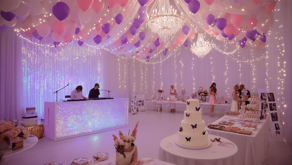 Ultra-wide image of a dreamy ballroom party with pastel pink and lavender balloon garlands, a glittering DJ booth, a friendship bracelet making table, and a dessert display featuring a 3-tier white cake. Fairy lights create a twinkling canopy, with tables decorated with peonies and gold accents, all captured in soft, ethereal lighting and a professional photography style.