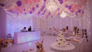 Epic Taylor Swift Birthday Party: The Ultimate Swiftie Celebration Guide Ultra-wide image of a dreamy ballroom party with pastel pink and lavender balloon garlands, a glittering DJ booth, a friendship bracelet making table, and a dessert display featuring a 3-tier white cake. Fairy lights create a twinkling canopy, with tables decorated with peonies and gold accents, all captured in soft, ethereal lighting and a professional photography style.
