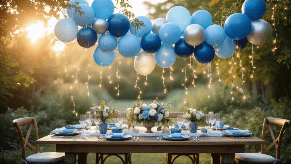A dreamy enchanted garden wedding reception at golden hour, adorned with cascading blue balloon installations above a rustic wooden table, featuring soft fairy lights, vintage china, and white linens, captured in a photorealistic style with golden sunlight and bokeh effects.