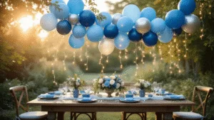A dreamy enchanted garden wedding reception at golden hour, adorned with cascading blue balloon installations above a rustic wooden table, featuring soft fairy lights, vintage china, and white linens, captured in a photorealistic style with golden sunlight and bokeh effects.