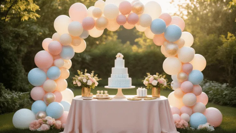 A dreamy outdoor baby shower setup featuring a grand organic balloon arch in soft pastels framing a dessert table with a tiered diaper cake, captured during golden hour with natural sunlight filtering through the manicured garden greenery, blush linen-draped tables, and ethereal décor elements like Moroccan lanterns and fairy lights.