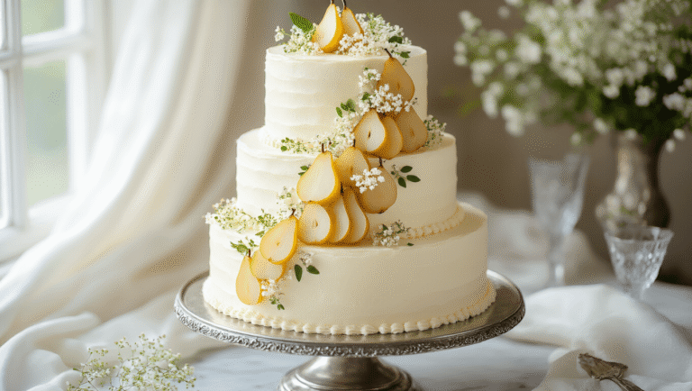 Three-tiered wedding cake on a vintage silver stand, featuring ivory buttercream with crystallized pear slices and elderflower sprigs, surrounded by soft silk drapery and crystal elements.