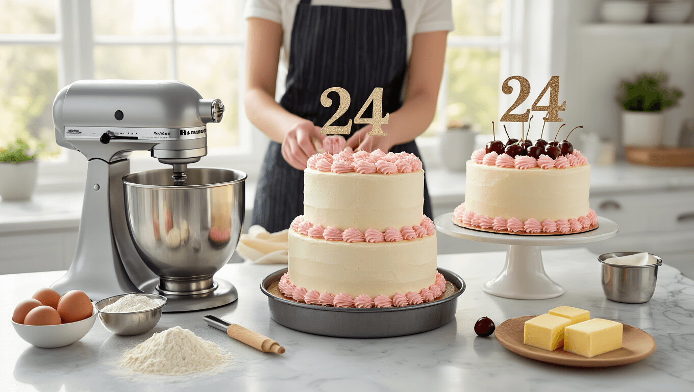 Photorealistic image of a two-layer birthday cake preparation on a marble countertop, featuring a stand mixer, fresh ingredients, and decorated cake with vanilla buttercream, pink rosettes, and a "24" topper, all in soft natural lighting.