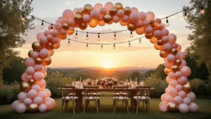 Luxurious garden party at golden hour featuring an ombré balloon arch in blush pink, peach, and champagne gold, framing a rustic dining setup with silk tablecloths and floral centerpieces, illuminated by vintage string lights, captured in photorealistic detail.