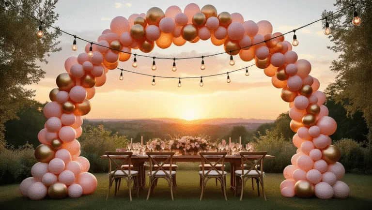 Luxurious garden party at golden hour featuring an ombré balloon arch in blush pink, peach, and champagne gold, framing a rustic dining setup with silk tablecloths and floral centerpieces, illuminated by vintage string lights, captured in photorealistic detail.