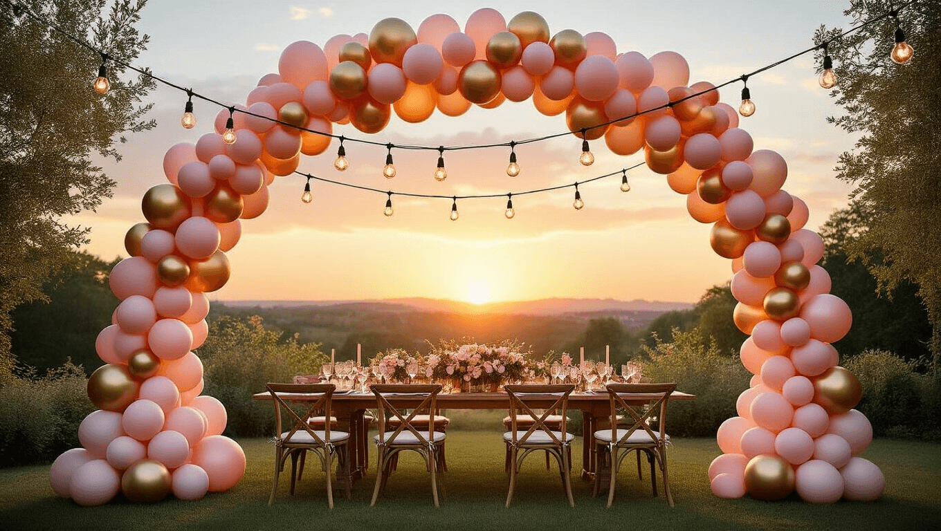 Luxurious garden party at golden hour featuring an ombré balloon arch in blush pink, peach, and champagne gold, framing a rustic dining setup with silk tablecloths and floral centerpieces, illuminated by vintage string lights, captured in photorealistic detail.