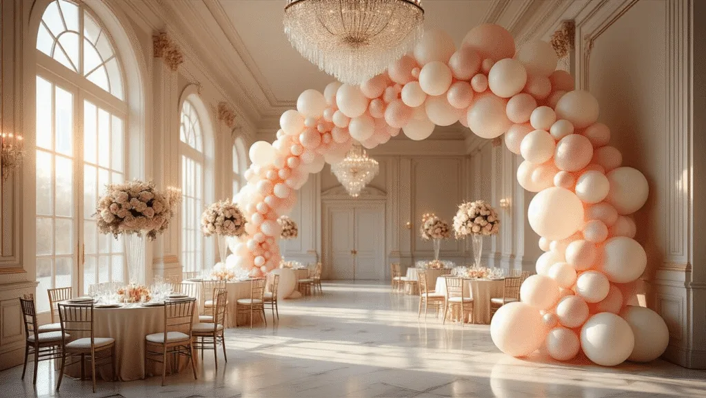 A grand ballroom adorned with a sweeping organic balloon arch in blush pink, cream, and pearl white, illuminated by golden hour lighting through floor-to-ceiling windows, featuring round tables with champagne silk linens and floating bubble balloons filled with rose petals.