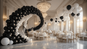 A grand ballroom adorned with a black and white balloon installation during golden hour, featuring a spiral staircase with an ombré balloon arch, elegant round tables, and cascading balloon garlands, all illuminated by crystal chandeliers and reflecting off marble flooring.