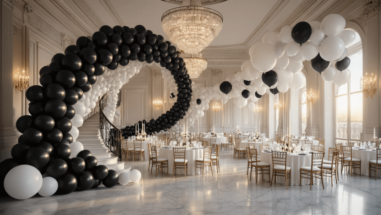 A grand ballroom adorned with a black and white balloon installation during golden hour, featuring a spiral staircase with an ombré balloon arch, elegant round tables, and cascading balloon garlands, all illuminated by crystal chandeliers and reflecting off marble flooring.