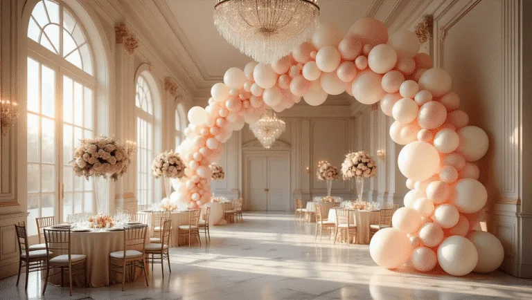 A grand ballroom adorned with a sweeping organic balloon arch in blush pink, cream, and pearl white, illuminated by golden hour lighting through floor-to-ceiling windows, featuring round tables with champagne silk linens and floating bubble balloons filled with rose petals.