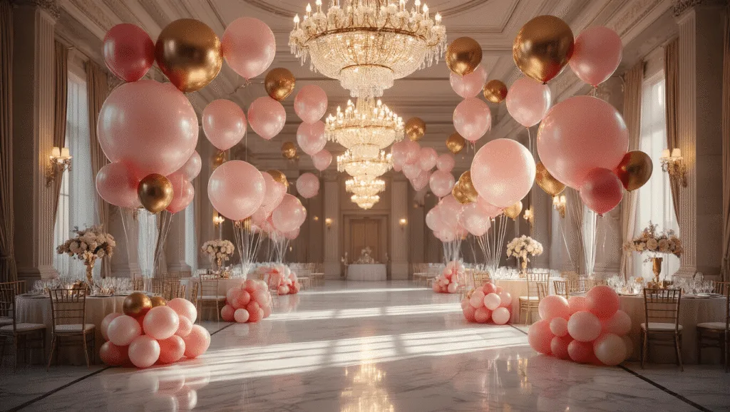 A luxurious grand ballroom adorned with floating helium balloons in blush pink, cream, and gold, featuring crystal chandeliers casting warm light, marble flooring reflecting elegant table settings, and atmospheric haze creating a celebratory ambiance.