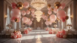 A luxurious grand ballroom adorned with floating helium balloons in blush pink, cream, and gold, featuring crystal chandeliers casting warm light, marble flooring reflecting elegant table settings, and atmospheric haze creating a celebratory ambiance.