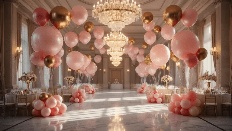 A luxurious grand ballroom adorned with floating helium balloons in blush pink, cream, and gold, featuring crystal chandeliers casting warm light, marble flooring reflecting elegant table settings, and atmospheric haze creating a celebratory ambiance.