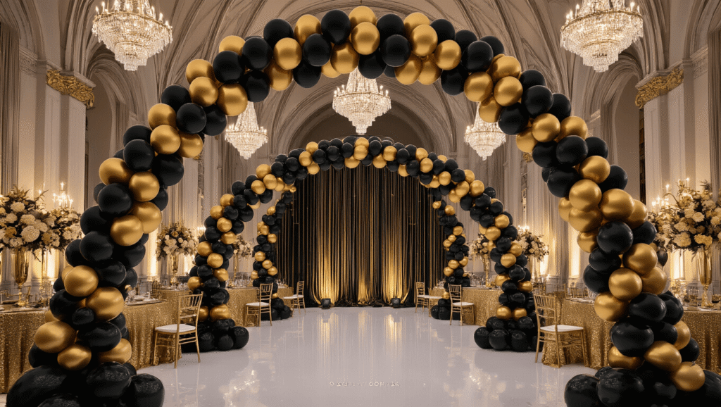A grand ballroom celebration with black and gold balloon garlands, elegant balloon arch, soft amber lighting, gold sequin tablecloths, and dramatic shadows from golden hour light streaming through windows, captured in hyperrealistic detail.
