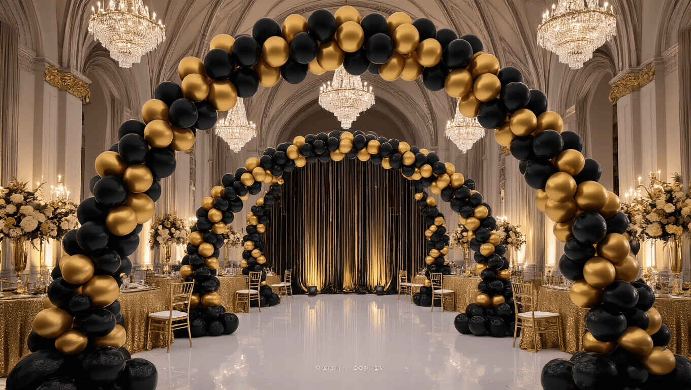 A grand ballroom celebration with black and gold balloon garlands, elegant balloon arch, soft amber lighting, gold sequin tablecloths, and dramatic shadows from golden hour light streaming through windows, captured in hyperrealistic detail.