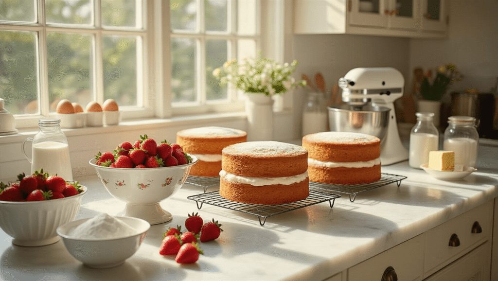 A sunlit professional kitchen featuring three cooling golden-brown cake layers on a white marble countertop, surrounded by fresh strawberries, baking ingredients, and meticulous stainless steel tools, captured in a warm, elegant style.