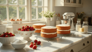 A sunlit professional kitchen featuring three cooling golden-brown cake layers on a white marble countertop, surrounded by fresh strawberries, baking ingredients, and meticulous stainless steel tools, captured in a warm, elegant style.