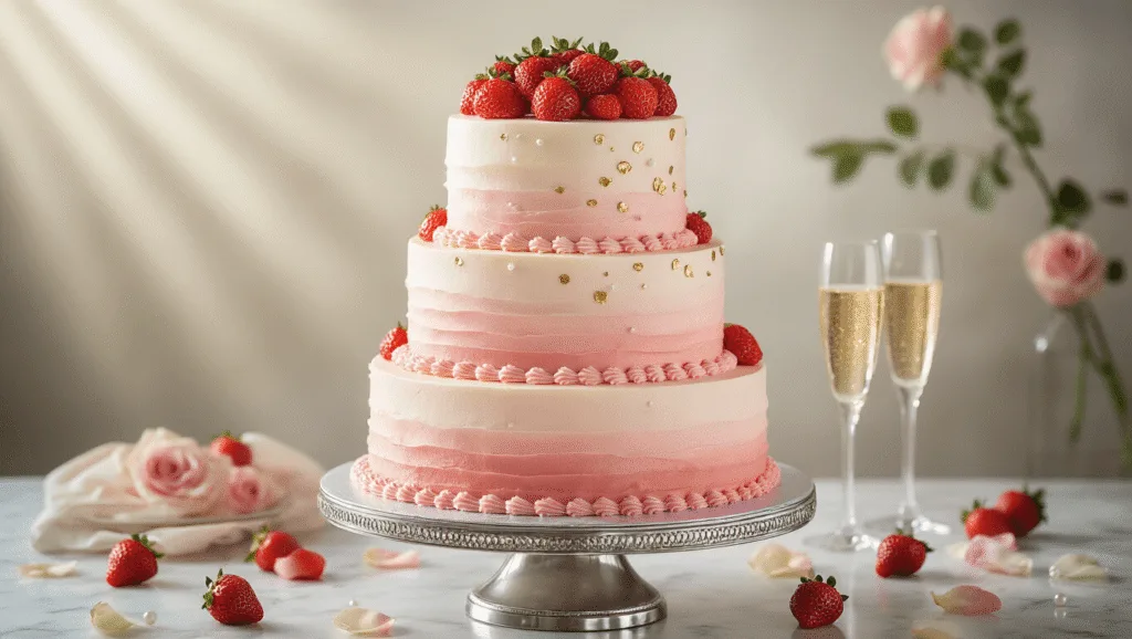 Elegant three-tiered champagne wedding cake adorned with blush-pink strawberry buttercream, fresh strawberries, and edible gold leaf on a silver pedestal, set against a soft-focus background with champagne glasses and rose petals.