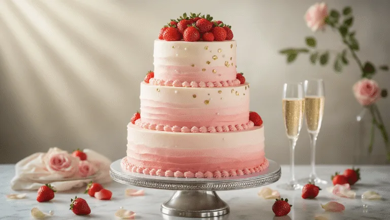 Elegant three-tiered champagne wedding cake adorned with blush-pink strawberry buttercream, fresh strawberries, and edible gold leaf on a silver pedestal, set against a soft-focus background with champagne glasses and rose petals.