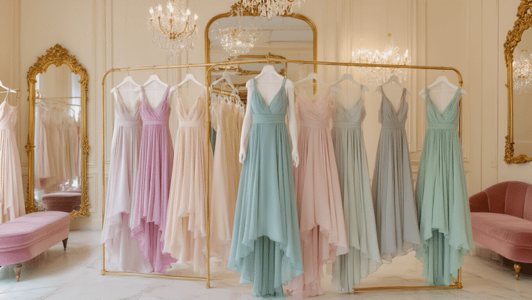 A luxury boutique interior featuring an elegant display of high-low chiffon dresses in pastel and jewel tones, arranged on brass hangers against cream walls, with ornate mirrors and soft lighting from crystal chandeliers, set on marble flooring with velvet seating.
