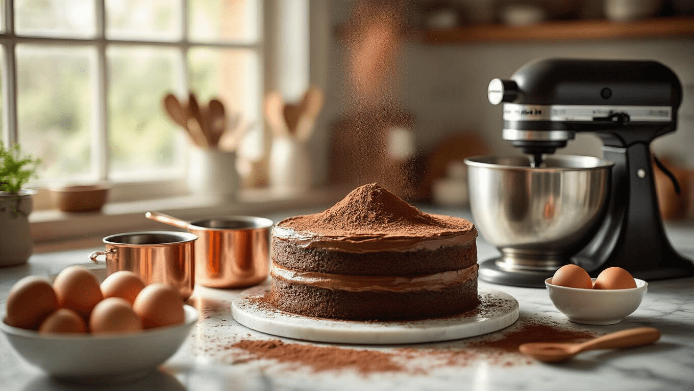 A moody kitchen scene featuring an elegant chocolate espresso wedding cake preparation with organized ingredients, including dark espresso in copper measuring cups, freshly sifted cocoa powder, farm-fresh eggs, and a gleaming KitchenAid mixer, all illuminated by golden hour light and casting dramatic shadows.