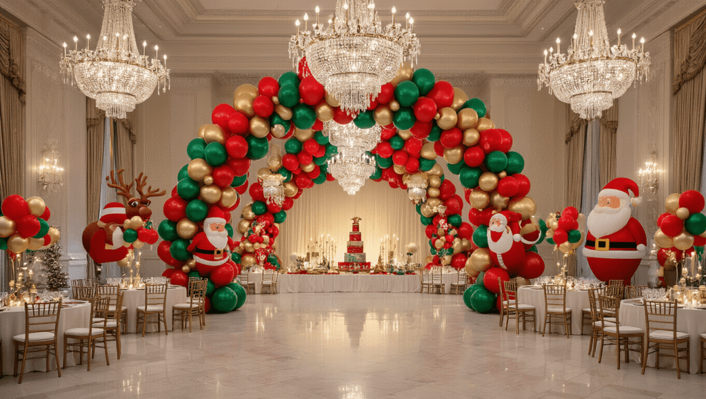 A grand ballroom decorated for Christmas with a sweeping red, emerald green, and gold balloon arch, elegant tables with white linens, whimsical character balloons, and twinkling fairy lights, all illuminated by warm chandeliers.