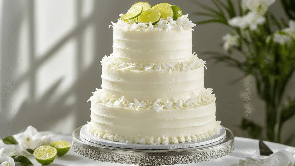 A luxurious three-tiered wedding cake on a silver stand, featuring white coconut cream cheese frosting, fresh coconut flakes, lime zest curls, and adorned with lime slices and edible flowers, against a soft-focus garden background.