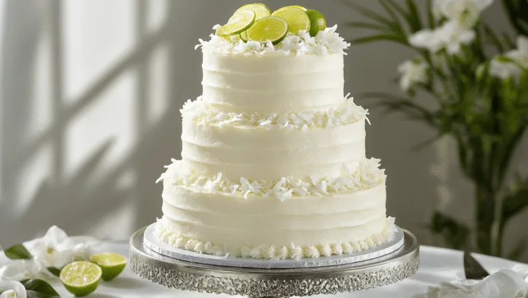 A luxurious three-tiered wedding cake on a silver stand, featuring white coconut cream cheese frosting, fresh coconut flakes, lime zest curls, and adorned with lime slices and edible flowers, against a soft-focus garden background.