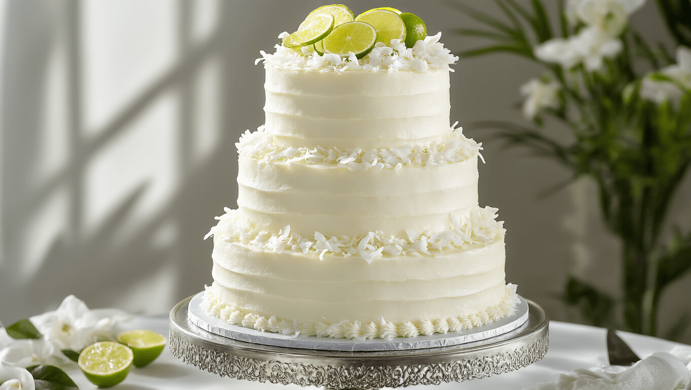 A luxurious three-tiered wedding cake on a silver stand, featuring white coconut cream cheese frosting, fresh coconut flakes, lime zest curls, and adorned with lime slices and edible flowers, against a soft-focus garden background.