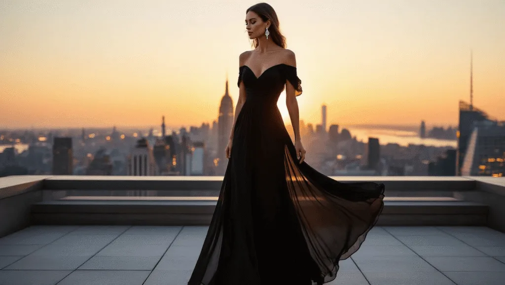 Elegant black cold-shoulder evening gown on a Manhattan rooftop terrace at sunset, highlighting flowing silk chiffon fabric and diamond earrings against a twinkling city skyline.