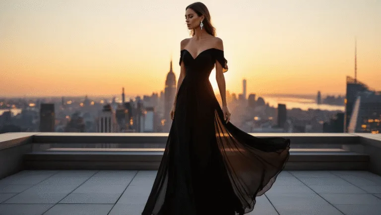 Elegant black cold-shoulder evening gown on a Manhattan rooftop terrace at sunset, highlighting flowing silk chiffon fabric and diamond earrings against a twinkling city skyline.