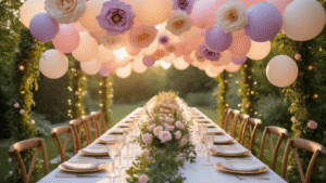 An elegant outdoor garden party setup featuring a flower balloon canopy in pastel colors, a long white table adorned with crystal glasses and gold-rimmed plates, surrounded by vintage chairs, illuminated by soft natural light.