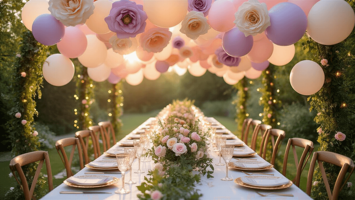 An elegant outdoor garden party setup featuring a flower balloon canopy in pastel colors, a long white table adorned with crystal glasses and gold-rimmed plates, surrounded by vintage chairs, illuminated by soft natural light.