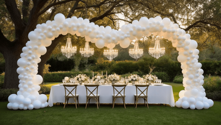 An elegant garden soirée featuring a dramatic white balloon arch and garlands intertwined with twinkle lights, set beneath crystal chandeliers and a long farmhouse table adorned with fresh floral centerpieces, all captured in soft natural lighting at golden hour.